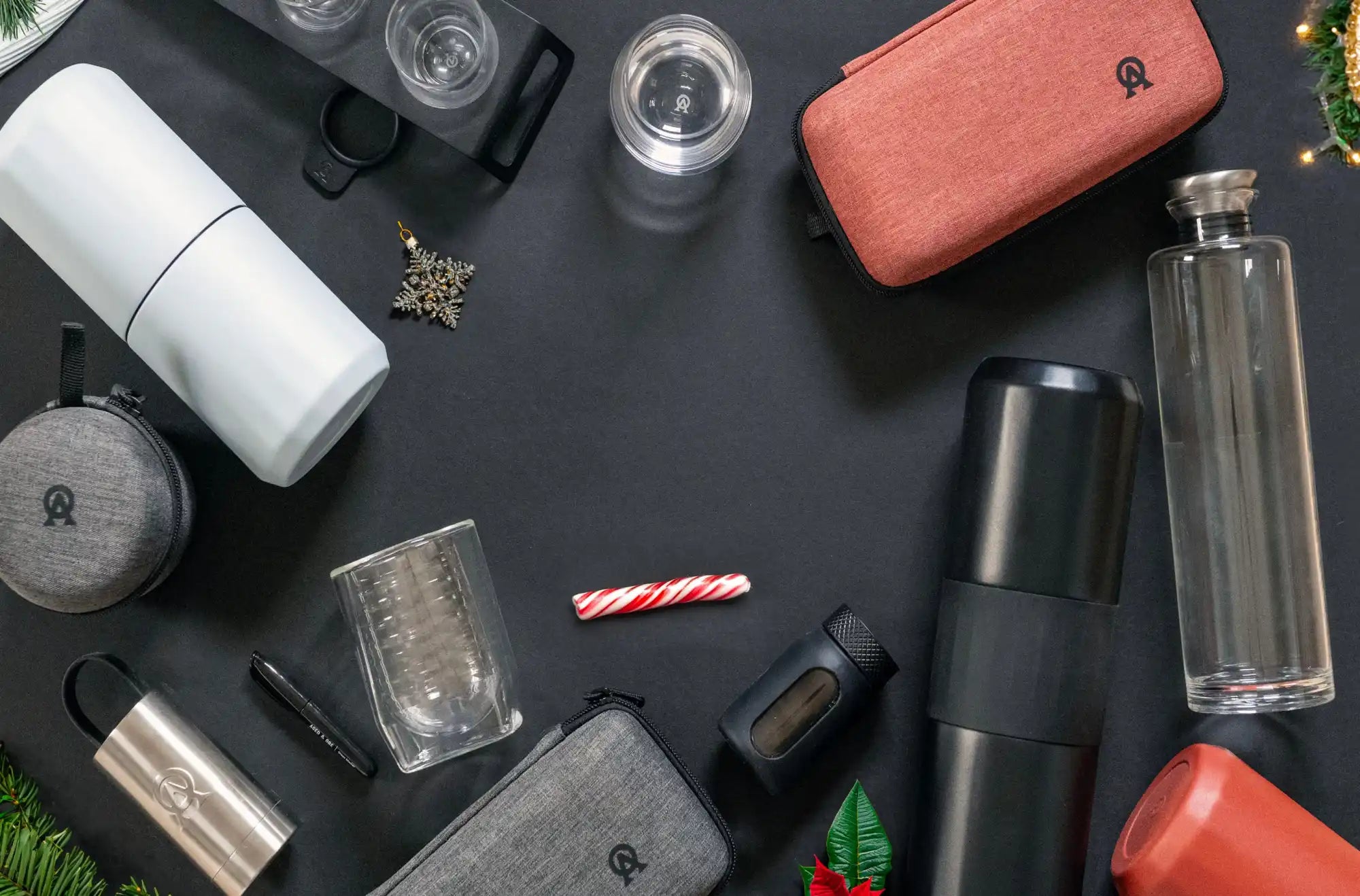 Assortment of drinkware and accessories.