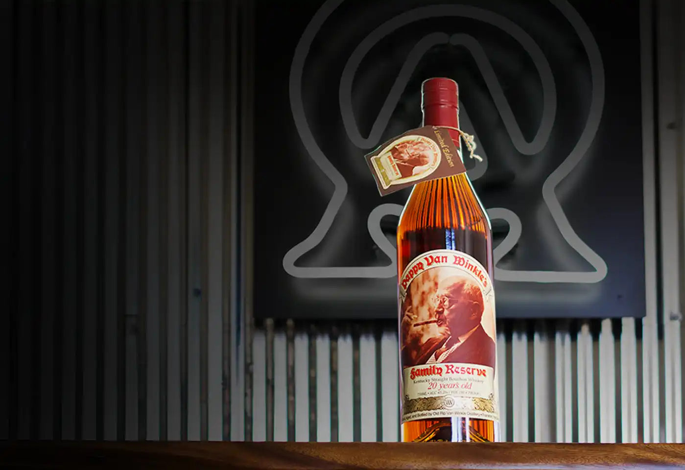 Bottle of amber-colored bourbon.