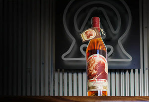 Bottle of amber-colored bourbon.